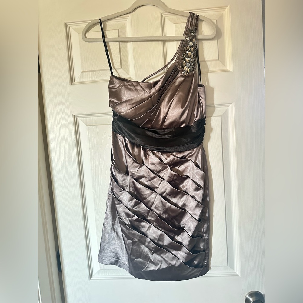 Speechless One-Shoulder Dress in Metallic Bronze and Black